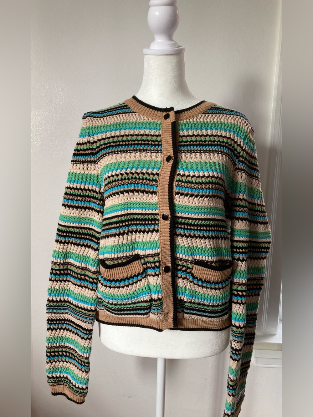 Waist 33” Marled Striped Crochet-Style Cardigan Grannycore Size M / L